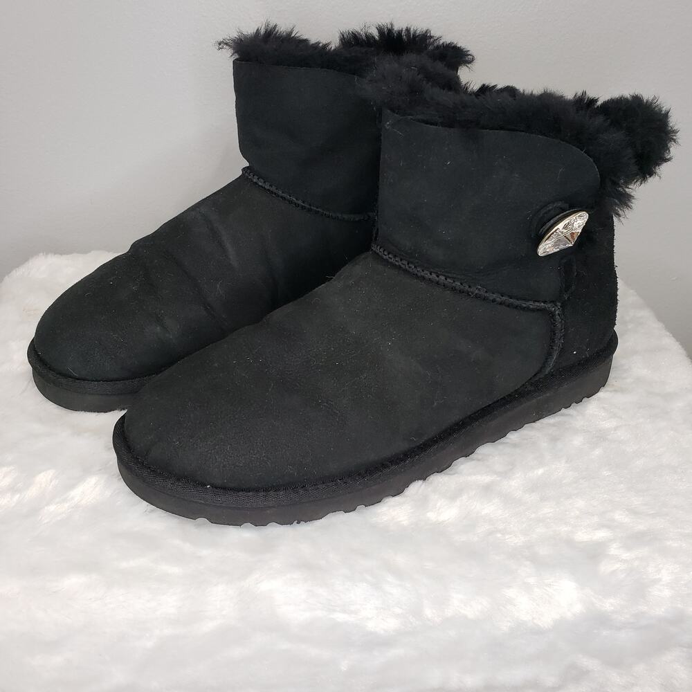 UGG Mini Bailey Button Bling Boots Black Suede Swarovski Womens Size 9